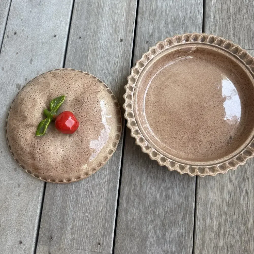 Pie Dish Plate Ceramic Covered Cherry Holder Keeper Lid Vintage Cottagecore
